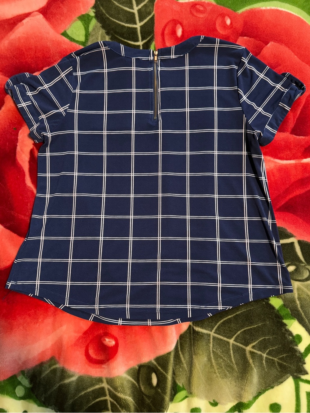 Large Navy Grid Short Sleeve Blouse